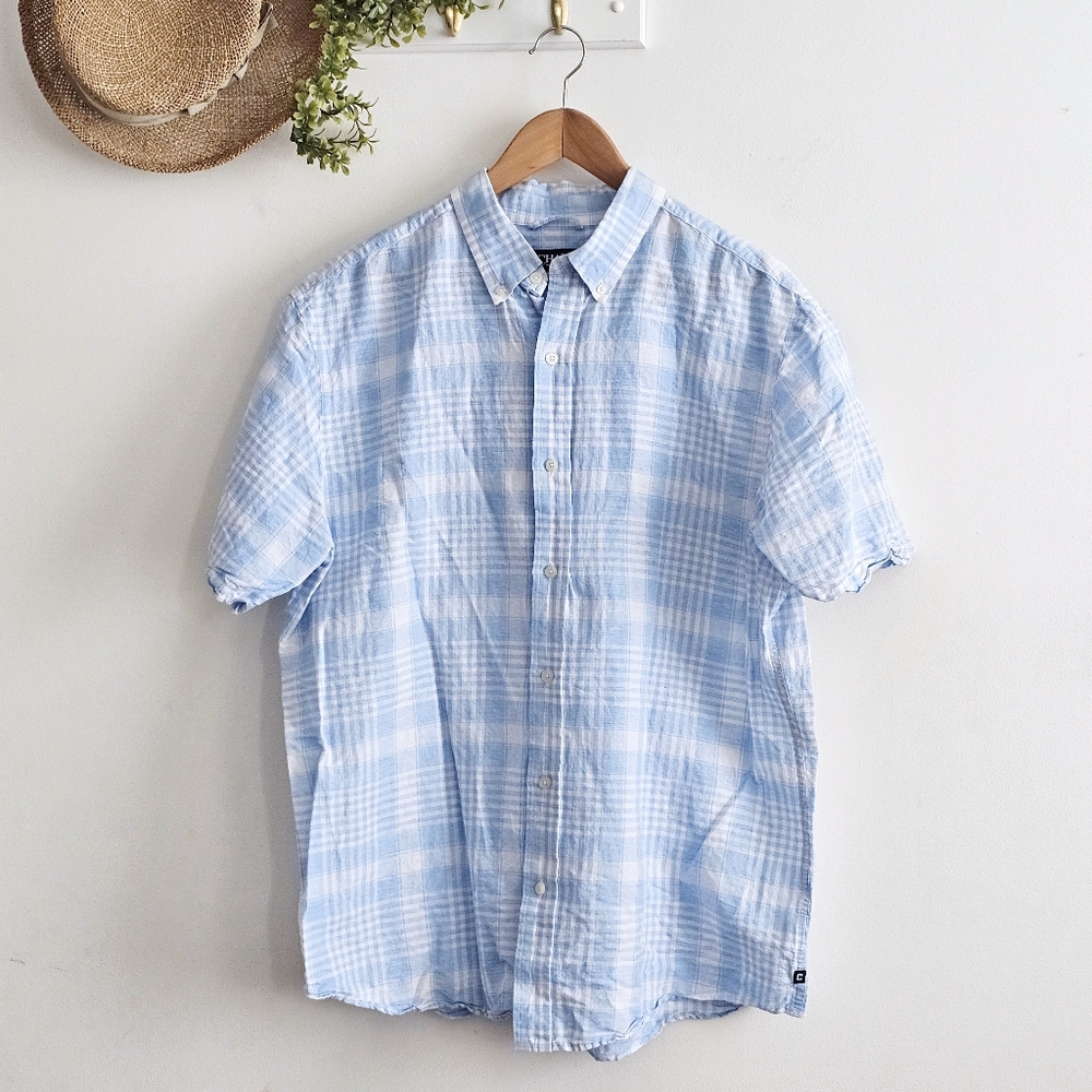 CHAPS Linen Cotton Plaid Short Sleeve Button Down Shirt XL Blue White